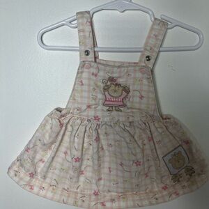 Vintage Gingham Floral Overall Dress 6–9 Months Bear Appliqué